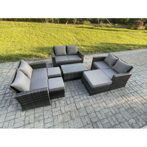 Fimous 7pc Rattan Sofa Gartenmöbel Set Balkonmöbel mit 3 Hocker Doppelsitz-Sofa Dunkelgrau Gemischt (1/5)