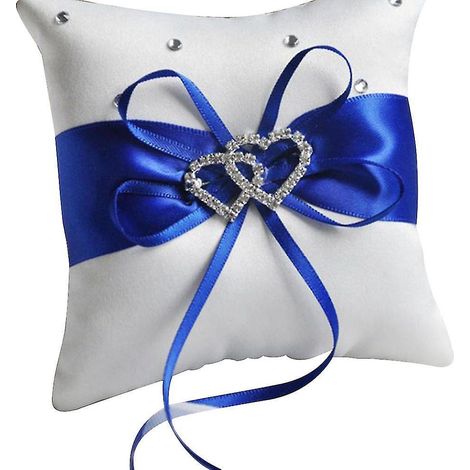 Coussin décoratif bleu romantique 10x10cm pour alliances de mariage, double cœur et ruban. (1/5)