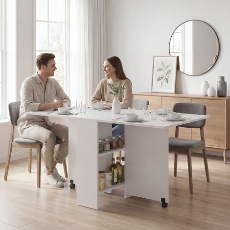 Klappbarer Esstisch mit Rollen, ausklappbaren Seiten und Ablagen für 4-6 Personen, 75 x 140 x 74 cm, Weiß (1/5)
