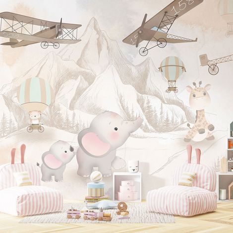 Papier peint panoramique Enfants - Avions Animaux - 325 cm x 217 cm (1/4)