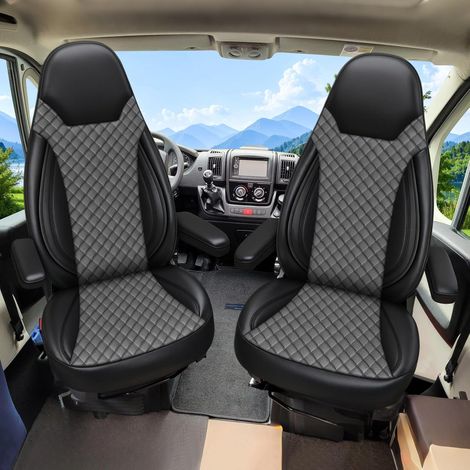 Housses de siège de camping-car en cuir pour Ducato, Jumper, Boxer - Housses de siège auto pour sièges avant, Noir et gris foncé (1/5)