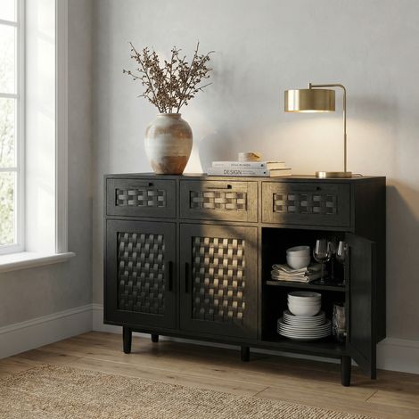 Buffet in legno effetto rattan, credenza con 3 cassetti e 3 ante, 108x40x80 cm, mobile contenitore anti-ribaltamento, stile bohémien moderno, per soggiorno e cucina, nero