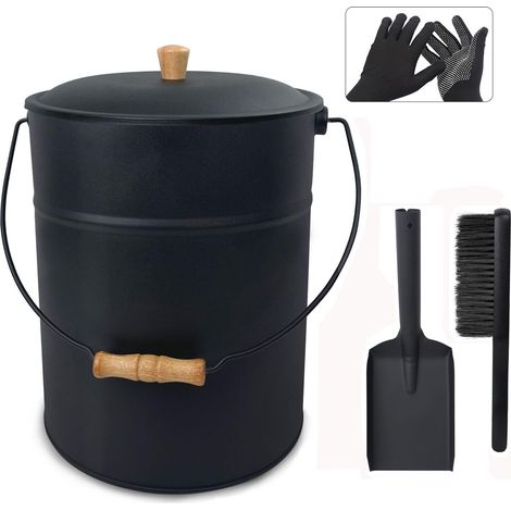 Seau a Cendre avec Couvercle, 15L Seau à Cendres pour Cheminée avec Pelle et Brosse (1/5)