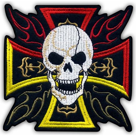 Aufnäher mit Totenkopf, Flammen und Kreuz – Magnetische Rückseite – Gestickter Aufnäher/Abzeichen/Emblem