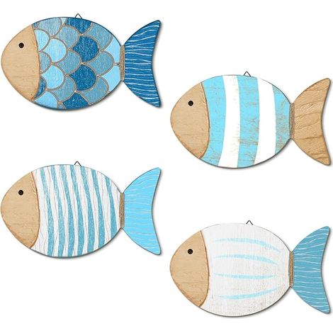 Décoration Murale Poissons Bleu Blanc, Poissons Style Bord de mer, MDF Effet Bois, déco Marine Coastal pour Salle de Bain WC entrée Chambre Enfant, Maison Vacances gîte (1/5)