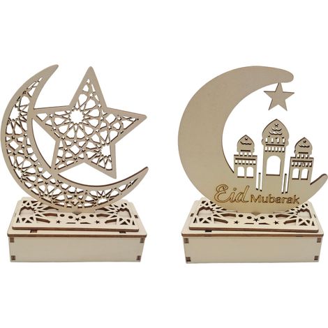 Lampe En Bois Led Ramadan - Décoration Croissant De Lune - Éclairage Intérieur Et Extérieur - Lot De 2 Pièces (1/5)