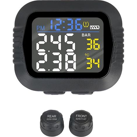 Système de surveillance de la pression des pneus avec horloge numérique, 2 capteurs externes, écran LCD couleur, alarme de température pour motos. (1/5)