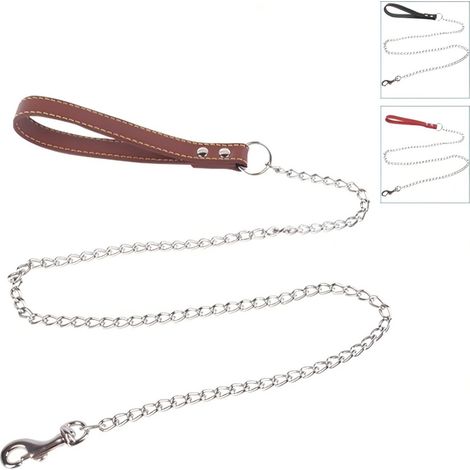 Laisse pour chien avec poignée en cuir et chaîne anti-morsure.