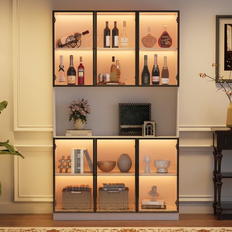 Vitrine 120x34x200cm, blanc, meuble vitrine autoportant à 6 portes, rangement ouvert, armoire haute, avec LED, meuble de salon,meuble multifonctionnel (1/5)