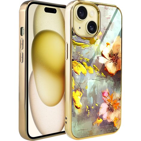 Coque iPhone 15 Ibiza Elite en verre, dos en verre, motif floral doré, or (1/5)