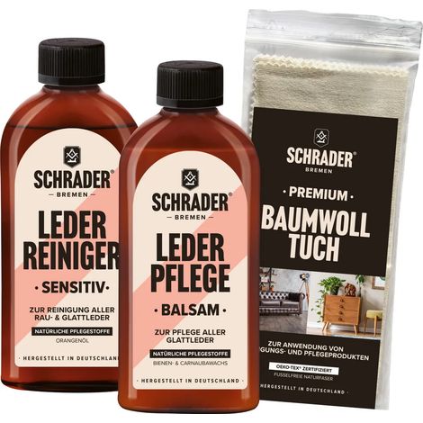 Kit d'entretien du cuir SCHRADER - 2 x 250 ml - Nettoyant, baume et chiffon de polissage - Couleur neutre - pour meubles et vêtements en cuir (1/5)