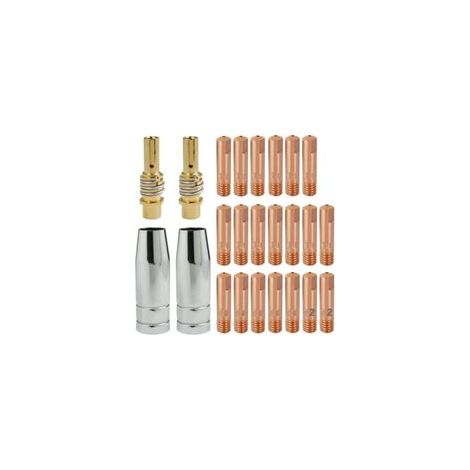 24 punte di contatto MB15AK M6 da 0,6 mm, 0,8 mm, 0,9 mm, 1,0 mm e 1,2 mm, portapunte diffusore, ugello gas conico, punte di contatto in rame per torce di saldatura MIG/MAG. (1/4)