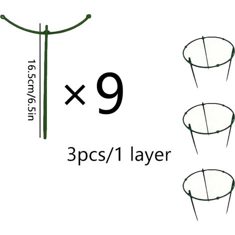 (vert) Lot de 9 tuteurs de croissance à 3 niveaux pour plantes grimpantes, anneaux de support ronds, cages à plantes en plastique, supports pour pots de fleurs. (1/4)
