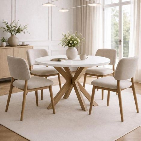 Table de salle à manger ronde extensible RAL avec pieds en bois, style loft, industriel, diamètre : 90 / 140 cm, couleur : blanc / naturel (1/5)