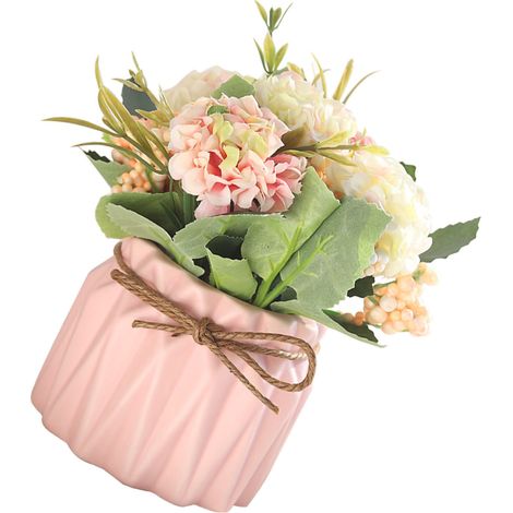 Bouquet de fleurs artificielles en pot, hortensias avec vase, rose, pour décorer une table. (1/4)