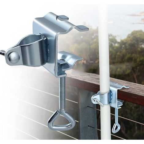 Supporto regolabile per ombrellone da giardino, porta ombrellone con vite di bloccaggio, staffa per ringhiera, adatto a pali e tavoli di diverse dimensioni. (1/5)