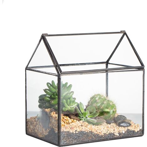Titre : Terrarium en Verre Géométrique en Forme de Maison Serre de Table Miniature pour Plantes Succulentes et Cactus Décoration de Maison Jardin Cadre Noir (Plantes Non Incluses) (1/5)