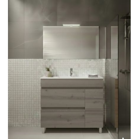 Conjunto Mueble de baño HEIMDALL ya montado 2 cajones y puerta lavabo y espejo Roble Smoky 80x45 cm (1/2)