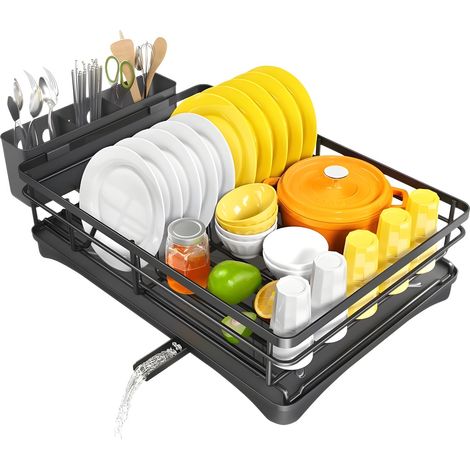 Égouttoir à vaisselle, égouttoir à vaisselle peu encombrant pour comptoir de cuisine avec porte-ustensiles, égouttoir à vaisselle de cuisine, égouttoir à vaisselle avec égouttoir, noir