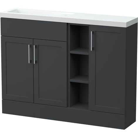 Pirehill Traditional Floor Standing Compact Vanity Basin Combination Unit with Open Shelves and Basin, 1100mm, Dark Grey