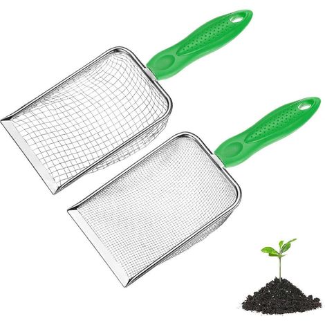 Tamis à terre de jardin METERXITY lot de 2, maille 5/28 mm acier inoxydable, poignée antidérapante, pour sable, terre, cailloux, compost, blanc/vert (1/5)