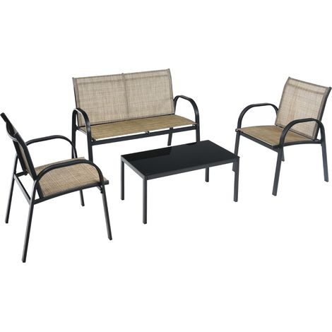 Set mobili giardino 4 pezzi chiacchierare sedie cortile ferro tessuto rete tavolino vetro marrone (1/4)