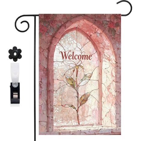Drapeau vertical arche en brique et fleurs printanières 30 x 45 cm décoration saisonnière extérieure (1/5)