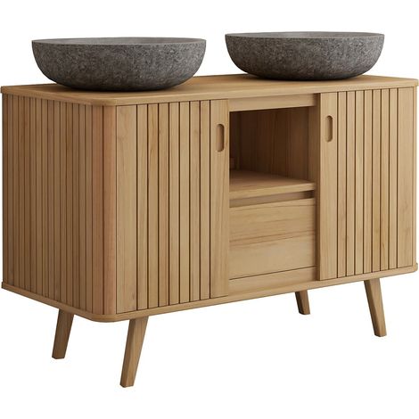 Mobile bagno con piedi in teak e doppio lavabo da appoggio grigio in pietra 120 cm - WAMENA