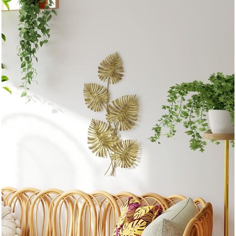 Decoración de pared de metal con motivo de hoja, acabado pintado, dorado, 83 x 39 cm, OKWISH (1/5)