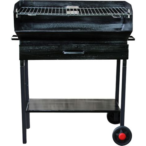 Barbecue a Legna e Carbonella in Ferro, con Ruote, Regolabile su 2 Altezze, Griglia in Acciaio, Ripiano poggia utensili 60x38cm