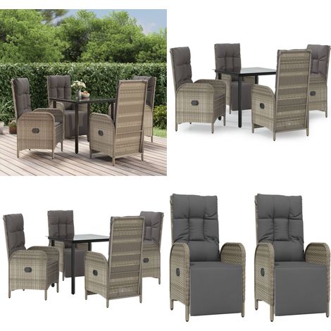 5-tlg. Garten-Essgruppe mit Kissen Schwarz und Grau Poly Rattan - Gartentisch - Garten-Essgruppe