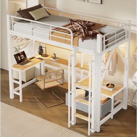 Letto a soppalco 90 x 200 cm in metallo e MDF con scrivania, scaffali, cassetti, LED, bianco (1/5)