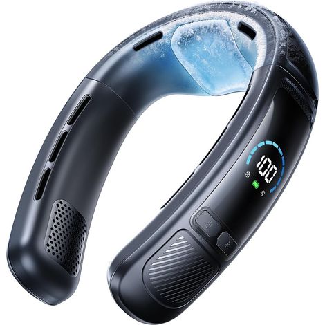 Ventilatore/condizionatore d'aria portatile da collo con ampia superficie di raffreddamento, ideale per ufficio, batteria da 6000 mAh, 100 velocità e viaggi (nero) (1/5)