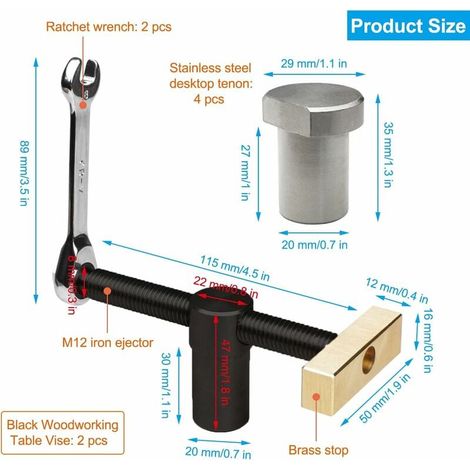 Lot de 2 Pinces Etau de Table Menuisier, Serres-Joints Rapide Etabli, Clip de Bureau Réglable avec 4 Bench Dog, Etau Perceuse Colonne Outils Menuiserie, pour Trou de 20 mm Banc Menuiserie (1/4)