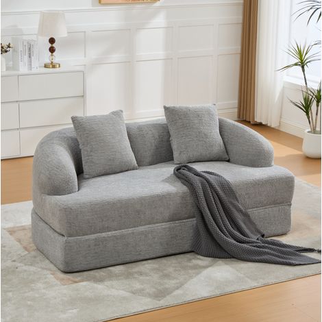 Divano letto 2 posti in ciniglia grigio chiaro con 2 cuscini HAVRYA (1/5)