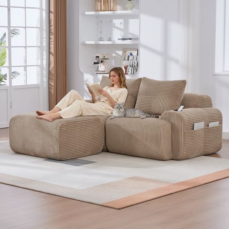 Canapé modulaire velours côtelé 2 personnes avec tabourets combinable librement porte-gobelet sac rangement latéral salon familial rustique (1/5)