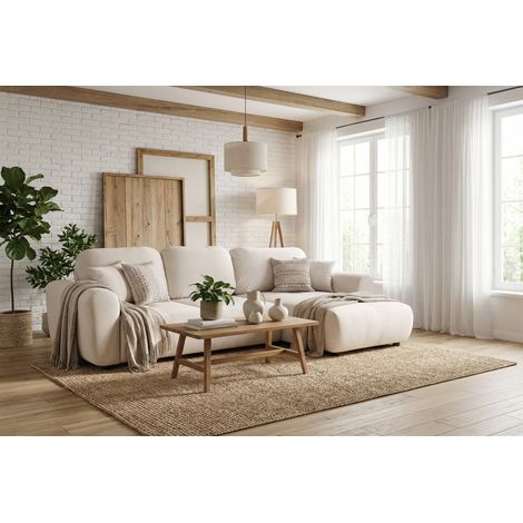 Ecksofa mit Schlaffunktion BRUSK MAX in Stoff Paros Altweiß Ottomane Rechts (1/5)