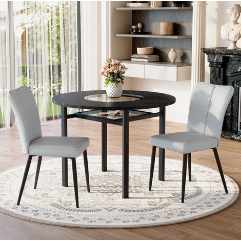 REDOM - Conjunto de mesa de comedor redonda de 100 cm con 2 sillas metal PU gris claro estante de vidrio, MDF vidrio negro (1/5)