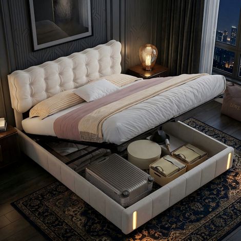 Lit Coffre 160x200 avec LED & Système Hydraulique,Lit double rembourré,avec espace de rangement hydraulique, avec tête de lit et sommier à lattes, cadre de lit pour adulte, en velours, beige (1/5)