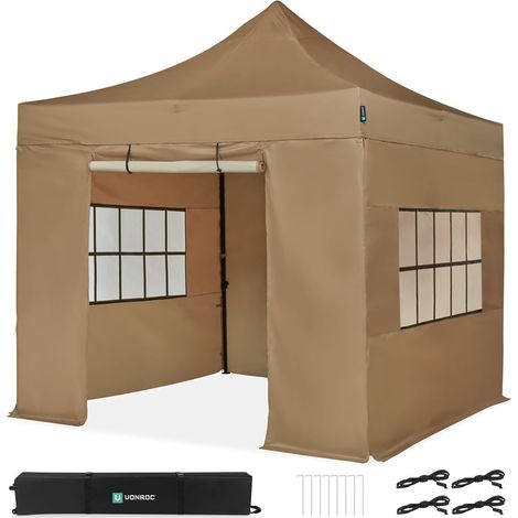 VONROC Tente de réception Premium Easy-Up - 3x3 m  Ensemble incl. parois latérales - Beige (1/4)