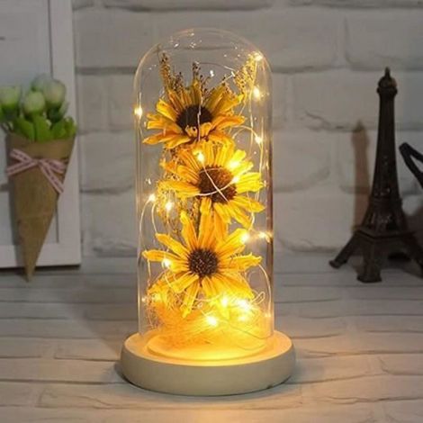 Dôme en verre - Fleurs Eternelle - Tournesol - Jaune - Élégant - Cadeau symbolique (1/4)