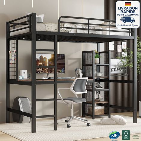 Lit mezzanine 90x200cm - lit en fer - industriel - Avec table et étagère de rangement multicouche - Équipé de grilles métalliques, de rampes robustes et d'échelles - Noir + Couleur Naturelle