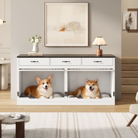 Cage pour chiens en bois et métal 164 x 60 x 81 cm, niche intérieure pour 2 chiens, avec verrouillage, porte rabattable, séparateur amovible et 3 tiroirs (1/5)