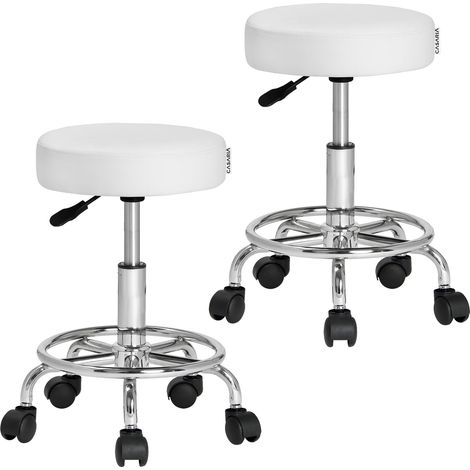 Tabouret à roulettes Siège rembourré pivotant 360° Hauteur réglable Noir blanc  Set de 2 blanc