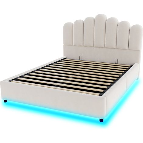 Cama canapé tapizada 140 x 200 cm en terciopelo beige con LED y somier de láminas (1/5)