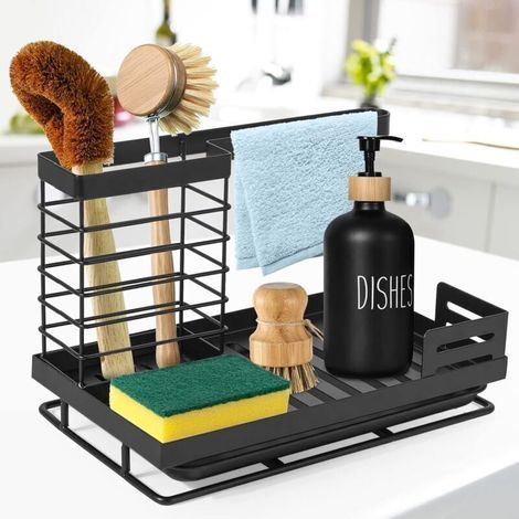 Porte Eponge Evier Cuisine, Organisateur D‘évier en Acier Inoxydable de Rangement pour éponge avec Ustensiles et Bac D‘égouttement, Evier Cuisine Rangement pour Cuisine et Salle de Bai (1/4)