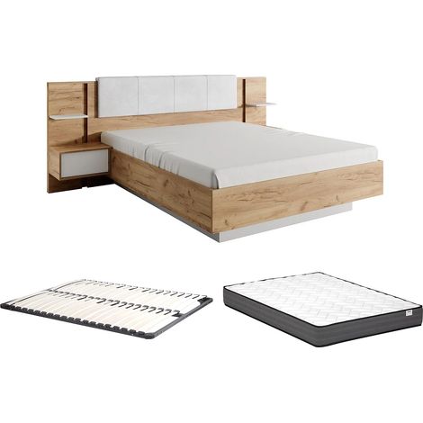 Lit avec chevets 160 x 200 cm - Avec LEDs - Coloris : Naturel et blanc + Sommier + Matelas - ELYNIA (1/5)