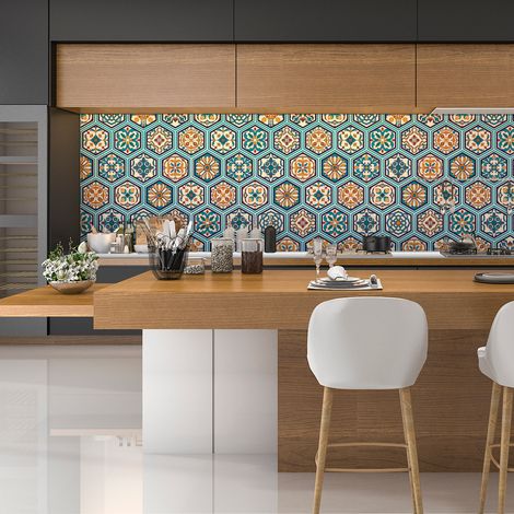Sticker Mural Carrelage adhésif Cuisine Salle de Bain - CARRELAGES HEXAGONES BOIS PATINÉ BLEU-VERT - 28stickershexagones20x18cm (1/5)