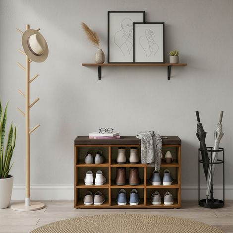 Banc à Chaussures, Rangement avec Siège Rembourré, 9 Compartiments, Étagères Ajustables, pour Salon, Couloir, Marron (1/5)