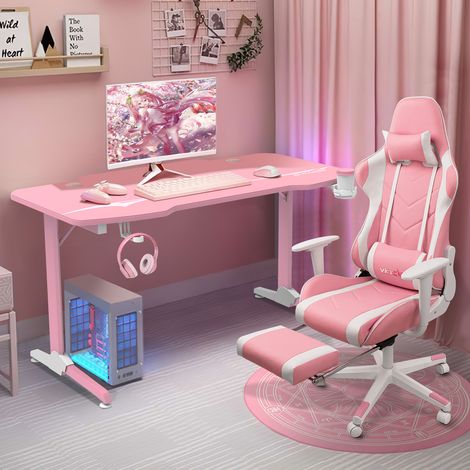 Devoko – Bureau gamer 140 cm en fibre de carbone – Surface étanche et facile à nettoyer – Design ergonomique avec porte-boissons et crochets – Stable et robuste